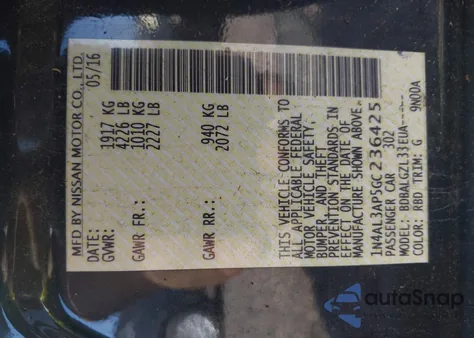 2016 Nissan Altima 2.5/2.5 S/2.5 Sl/2.5 Sr/2.5 Sv z USA, uszkodzony, nr VIN 1N4AL3AP5GC236425